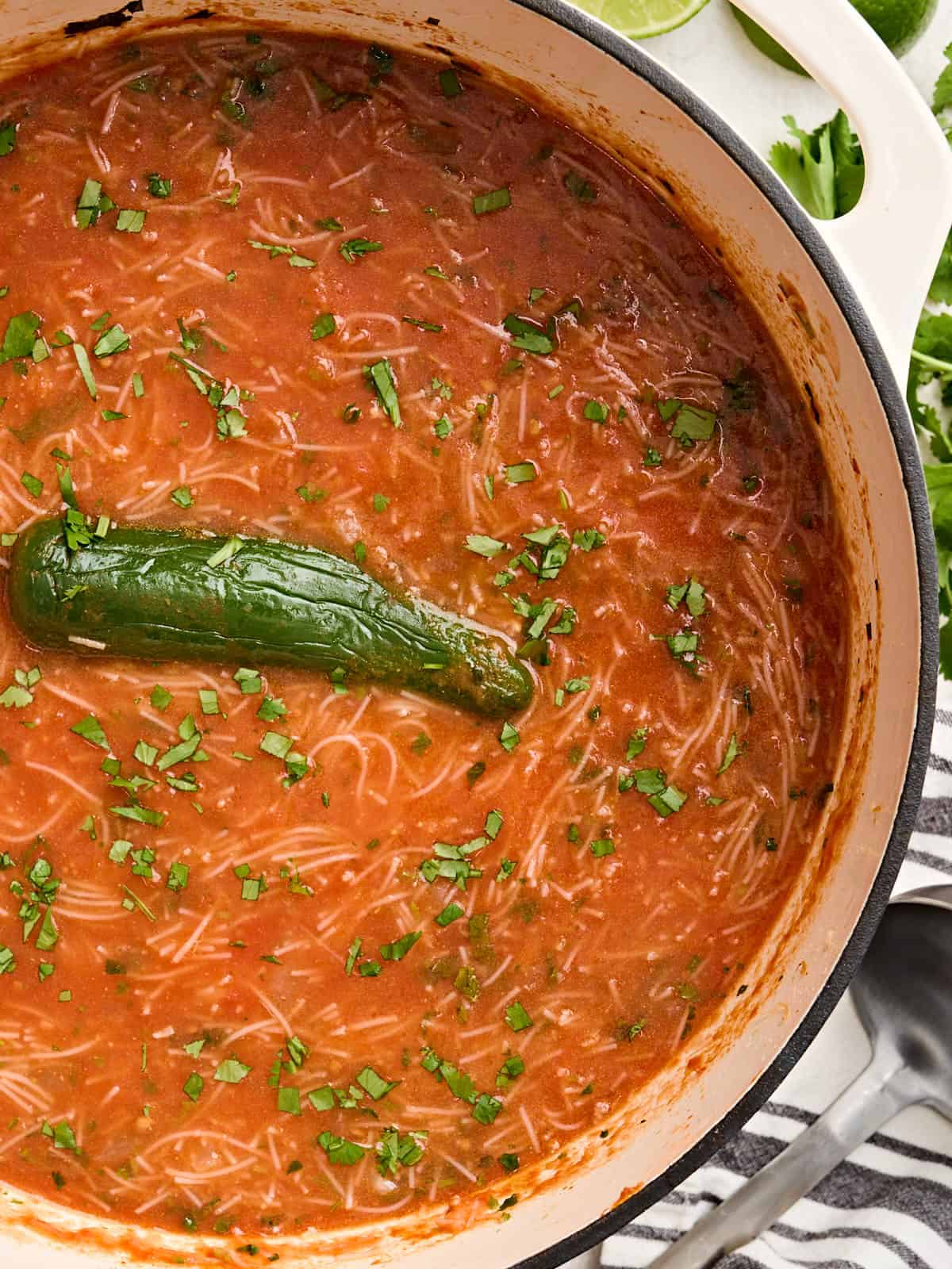 Overhead view of a pot of sopa de fideo.