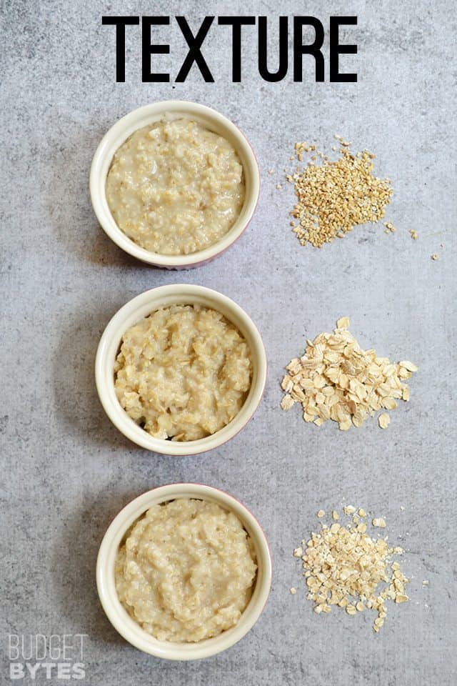 Three small piles of raw grains next to three small bowls of cooked grains to show texture
