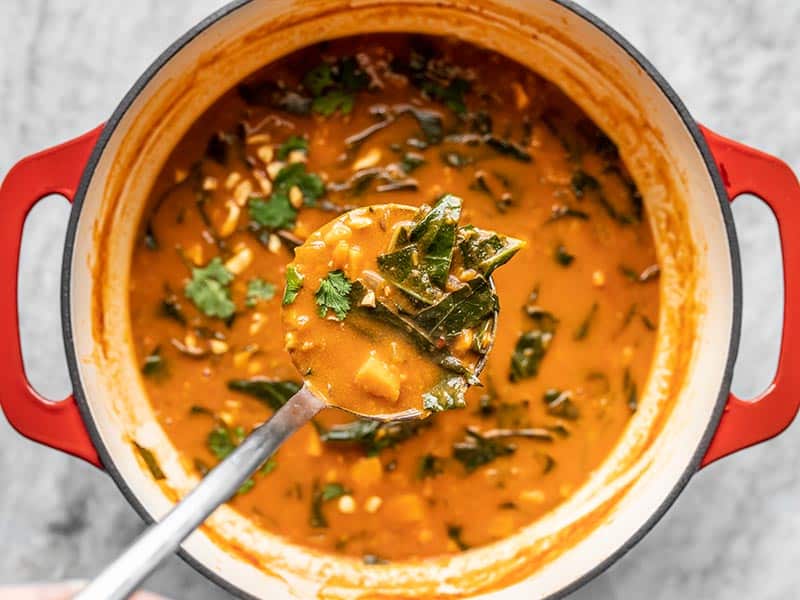 With a rich peanut and tomato sauce, sweet potatoes, collard greens, and crunchy peanuts, this Vegan Peanut Stew is comfort in a bowl! Budgetbytes.com A ladleful of Vegan Peanut Stew with the full pot in the background