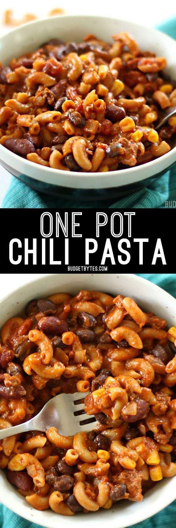 This super hearty One Pot Chili Pasta is bursting with southwest chili flavor, protein, and fiber. It's a meal in a bowl that the whole family will love. BudgetBytes.com