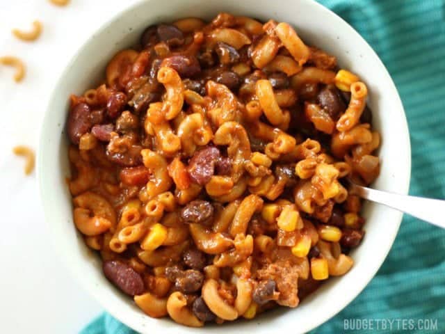 This super hearty One Pot Chili Pasta is bursting with southwest chili flavor, protein, and fiber. It's a meal in a bowl that the whole family will love. Budgetbytes.com A bowl of One Pot Chili Pasta