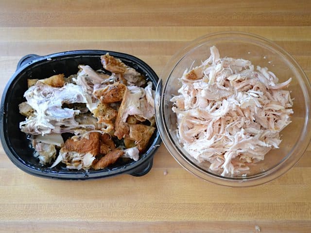 Pre cooked chicken taken off bones and shredded, placed in bowl
