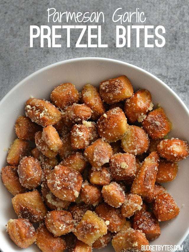 Top view of a bowl of Parmesan Garlic Pretzel Bites