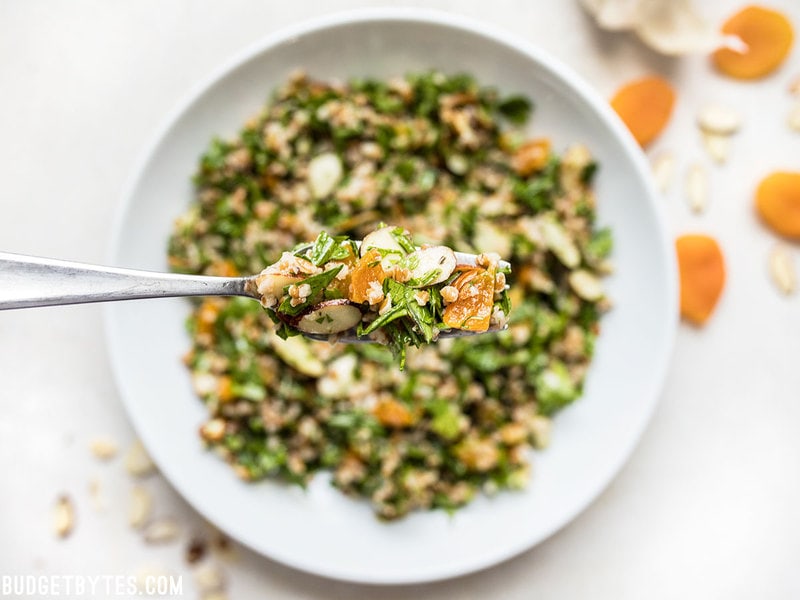 Close up of a forkful of Parsley Salad with Almonds and Apricots being held over a bowl of the salad