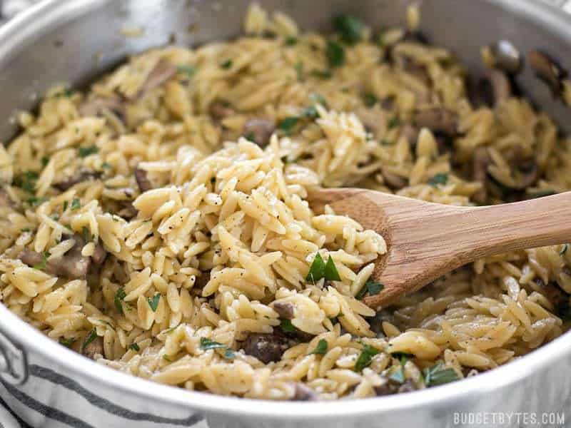 This super simple and flavorful Parmesan Portobello Orzo will become your next go-to side dish. Ready in 30 minutes, it pairs with chicken, beef, or pork. Budgetbytes.com Finished Parmesan Portobello Orzo close up