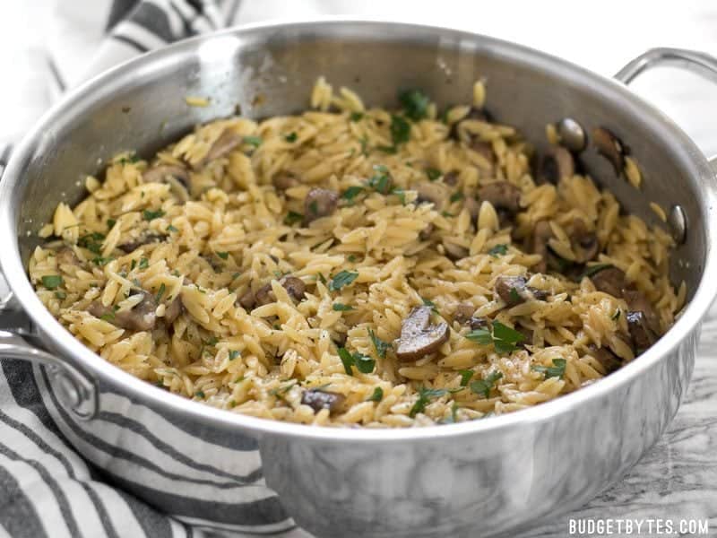 This super simple and flavorful Parmesan Portobello Orzo will become your next go-to side dish. Ready in 30 minutes, it pairs with chicken, beef, or pork. Budgetbytes.com Front view of the skillet full of Parmesan Portobello Orzo