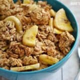 A close-up of banana nut granola in a bowl.