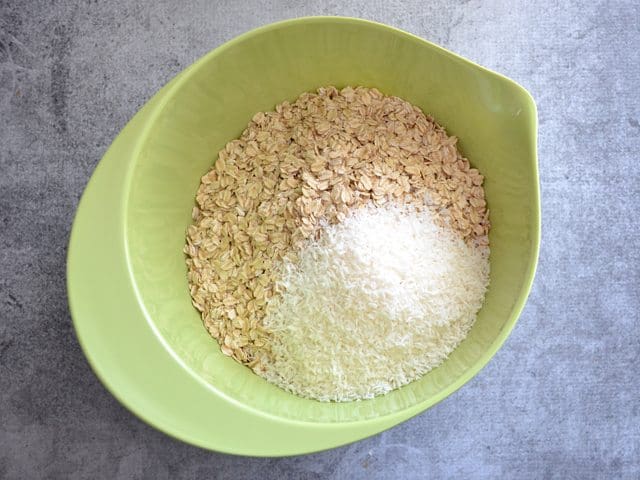 Oats and Coconut in mixing bowl