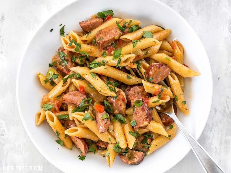 Celebrate like you're in Louisiana with this easy, filling, and inexpensive one pot favorite, Pastalaya. It's the shortcut pasta version of Jambalaya! BudgetBytes.com Close up of a bowl full of Pastalaya