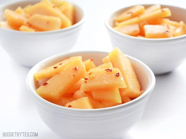 Three small bowls of. Chili Lime Cantaloupe