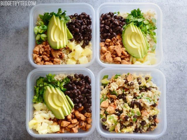 Sweet n Spicy Chicken Bowls prepared in four Tupperware containers to save for later