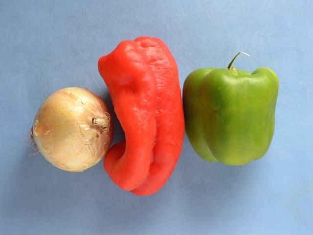 Onion and Peppers (one green, one red)