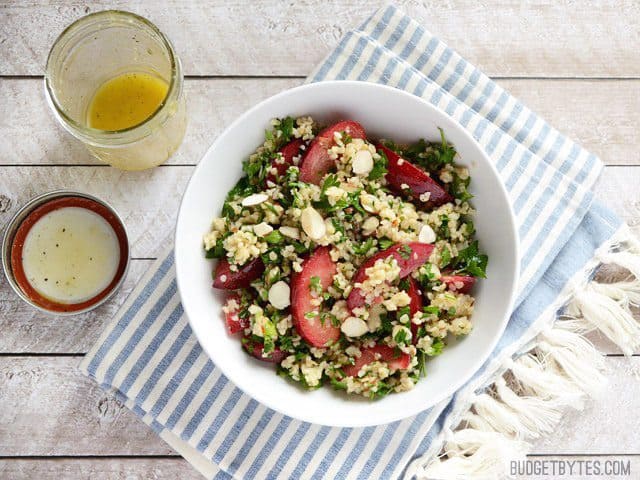This fresh plum salad with lemon ginger dressing is a great way to use up leftover cooked grains and the summer's fresh produce. Budgetbytes.com Finished Plum Salad in a bowl with a jar of dressing on the side
