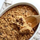 A close-up of baked oatmeal with oatmeal cookie flavors.