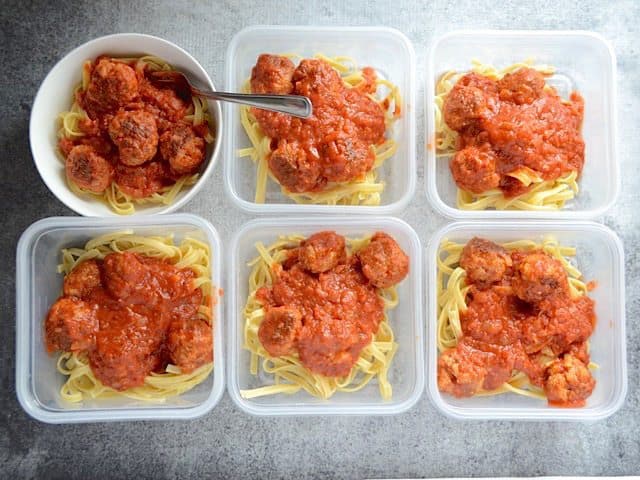 These quick and easy skillet meatballs are made in one skillet with marinara and pack a huge flavor punch. They're my new weeknight dinner favorite! Budgetbytes.com Skillet Meatballs and Marinara portioned for meal prep