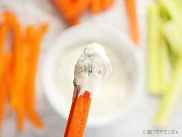 This super quick and flavorful vegetable dip makes snacking on fresh produce easy and delicious. Use as a vegetable or chip dip, or sandwich spread. Budetbytes.com Close up of Dilly Vegetable Dip on a carrot stick