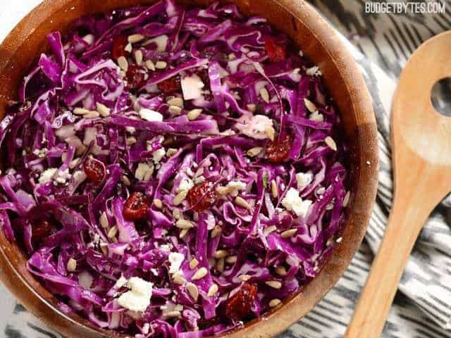 Crunchy, sweet, salty, and tangy, this five ingredient Cranberry and Cabbage Salad is an easy side dish for weeknight dinners and meal preps well! Budetbytes.com Close up view of finished Cranberry and Cabbage Salad, overhead, in a wooden bowl