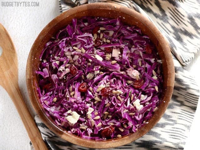 Crunchy, sweet, salty, and tangy, this five ingredient Cranberry and Cabbage Salad is an easy side dish for weeknight dinners and meal preps well! Budetbytes.com Overhead view of cranberry and cabbage salad in a bowl on a striped napkin
