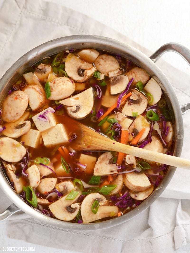 This easy hot and sour soup is light on the stomach, but big on flavor! The spicy and tangy broth is full of colorful vegetables and tender cubes of tofu. BudgetBytes.com Overhead view of a pot full of hot and sour soup with colorful vegetables and cubes of tofu. A wooden spoon in the center.
