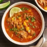 Overhead view of a bowl of homemade 30 minute pozole.