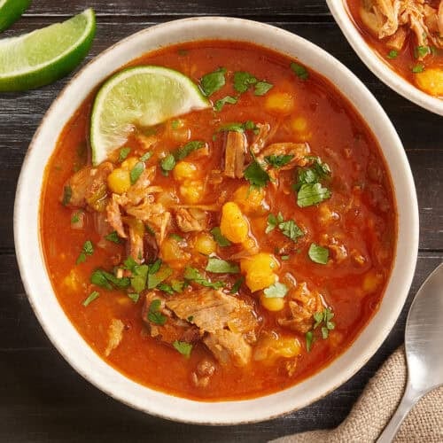 Overhead view of a bowl of homemade 30 minute pozole.