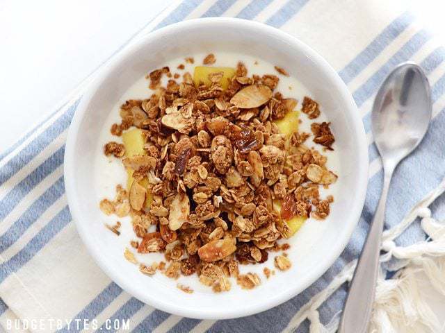 Gingersnap Granola pairs the rich, deep flavor of molasses with warm spices like ginger, cinnamon, and cloves. Great for breakfast, a snack, or dessert! Budetbytes.com Overhead view of a bowl of Homemade Gingersnap Granola with yogurt, pineapple, and honey