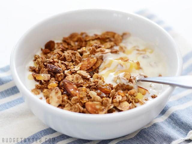 Gingersnap Granola pairs the rich, deep flavor of molasses with warm spices like ginger, cinnamon, and cloves. Great for breakfast, a snack, or dessert! Budetbytes.com Side view of a bowl of Gingersnap Granola served over yogurt, topped with honey