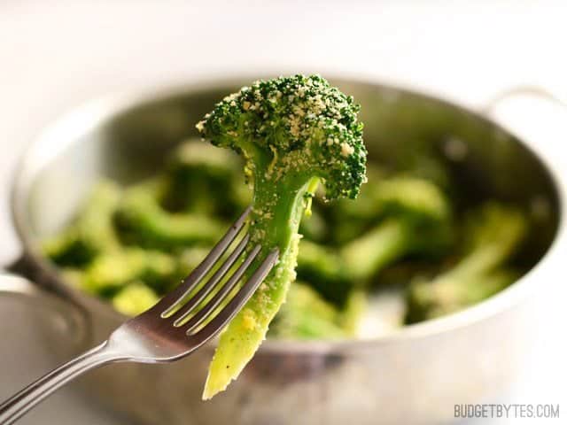 This super fast Garlic Parmesan Broccoli is an easy side dish with versatile flavors that will go with just about any weeknight meal. Budetbytes.com A fork holding a piece of Garlic Parmesan Broccoli close to the camera