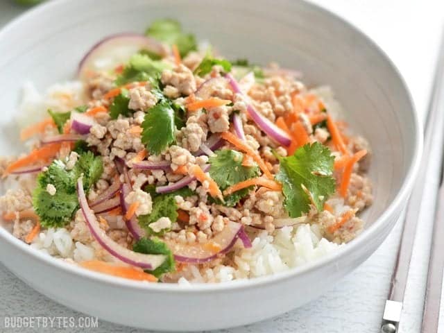Nam Sod is a vibrant and freshly flavored pork (or turkey) salad drenched with a lime, ginger, and chili dressing. Light, filling, and flavorful! Budetbytes.com close up side view of a bowl of nam sod (Thai Pork Salad) over a bed of rice, chopsticks on the side