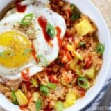 Close-up of pineapple Sriracha breakfast bowl.