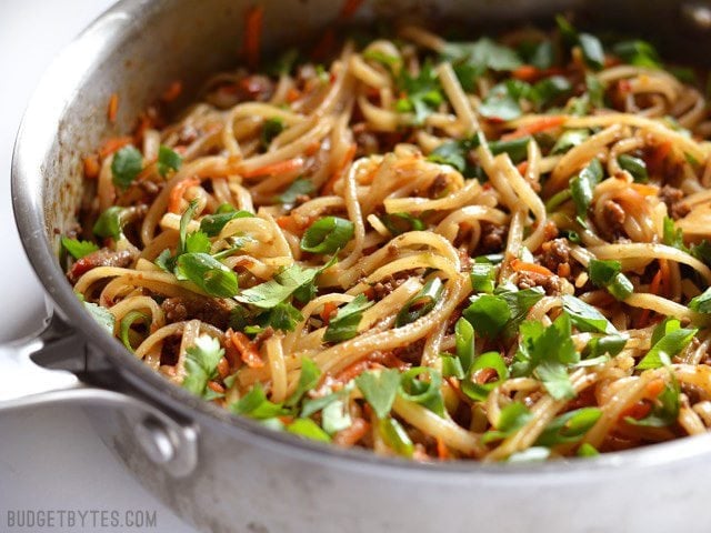 These everyday fast beef stir fry noodles are easy enough to make on a busy weeknight and delicious enough to keep you from calling for take-out. Budetbytes.com Side view of the skillet full of Beef Stir Fry Noodles