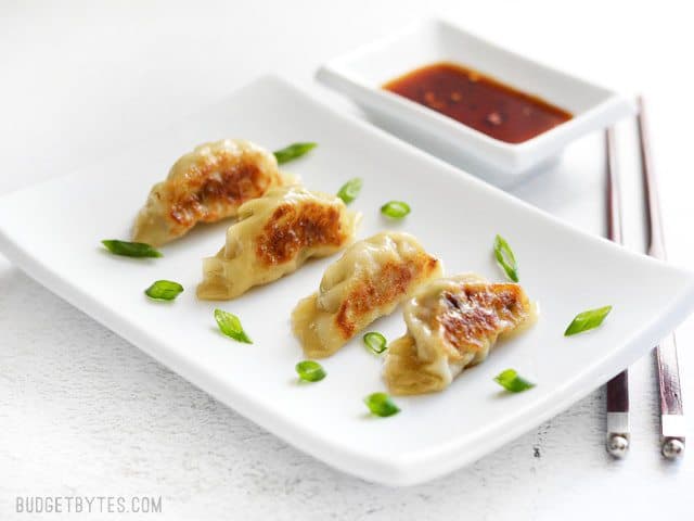 Filling, folding, frying, and steaming your own Pork Gyoza at home is not only fun, but it costs just pennies on the dollar compared to restaurants. BudgetBytes.com four Pork Gyoza on a rectangular white ceramic plate next to a small dish of soy sauce.