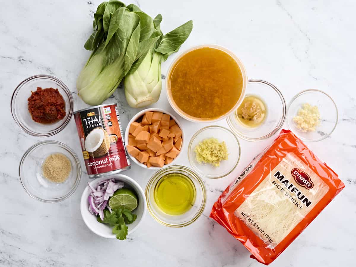 The ingredients to make Thai red curry vegetable soup.