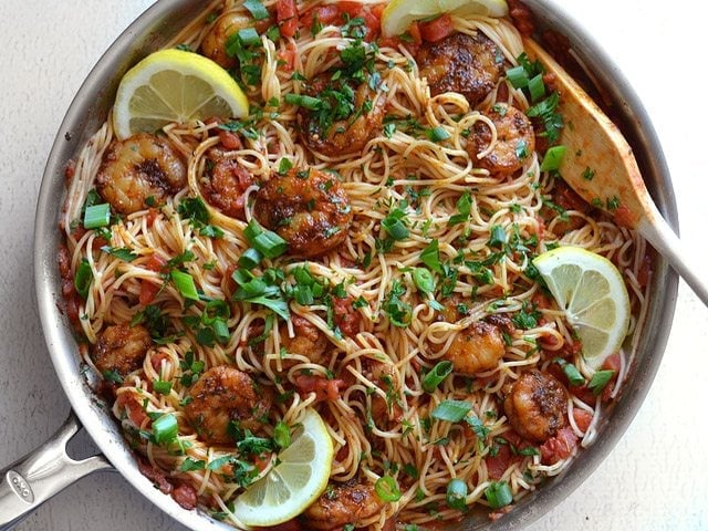 This quick and easy 30 minute Blackened Shrimp Pasta with homemade blackening seasoning boasts huge flavor without a lot of work. Budgetbytes.com Add Parsley Onion and Lemon to shrimp pasta