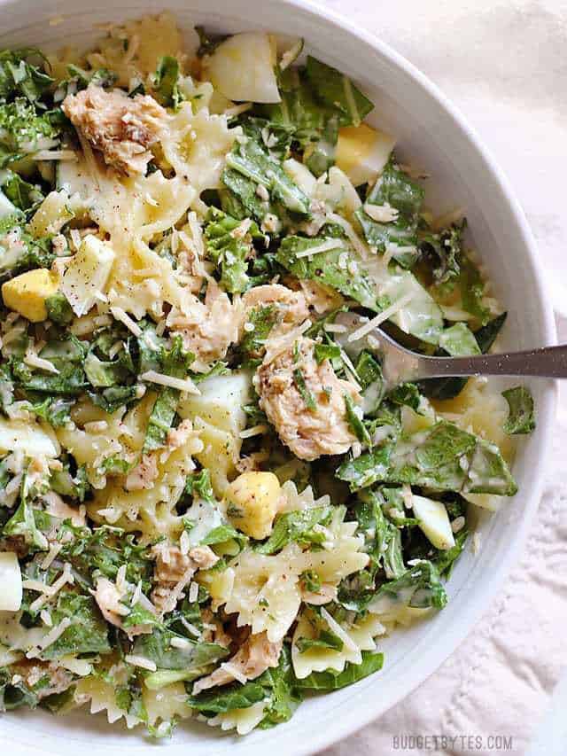 Kale, canned salmon, and pasta come together to make a budget-friendly and hearty salmon caesar salad that's perfect for your lunch meal prep. BudgetBytes.com Overhead view of a white bowl full of kale and salmon caesar salad, a fork stuck in the middle.