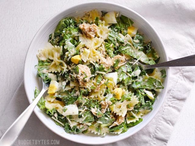 Kale, canned salmon, and pasta come together to make a budget-friendly and hearty salmon caesar salad that's perfect for your lunch meal prep. BudgetBytes.com Kale and salmon caesar salad tossed and coated in dressing, in a bowl with two forks