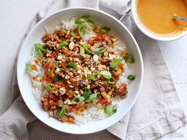 Hoisin Stir Fry Bowls with a rich and spicy peanut sauce are a fast answer to dinner with tons of color, texture, and flavor. Use pork, chicken, or turkey! BudgetBytes.com Chopped peanuts added to the bowl of hoisin stir fry. Small bowl of spicy peanut sauce on the side.