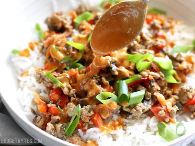 Hoisin Stir Fry Bowls with a rich and spicy peanut sauce are a fast answer to dinner with tons of color, texture, and flavor. Use pork, chicken, or turkey! BudgetBytes.com Spicy peanut sauce being drizzled over a hoisin stir fry bowl
