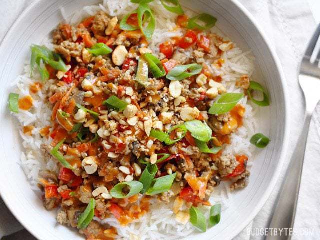Hoisin Stir Fry Bowls with a rich and spicy peanut sauce are a fast answer to dinner with tons of color, texture, and flavor. Use pork, chicken, or turkey! BudgetBytes.com Close up overhead view of a hoisin stir fry bowl with spicy peanut sauce