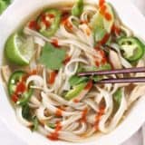 Close-up of quick faux pho served with chopsticks.