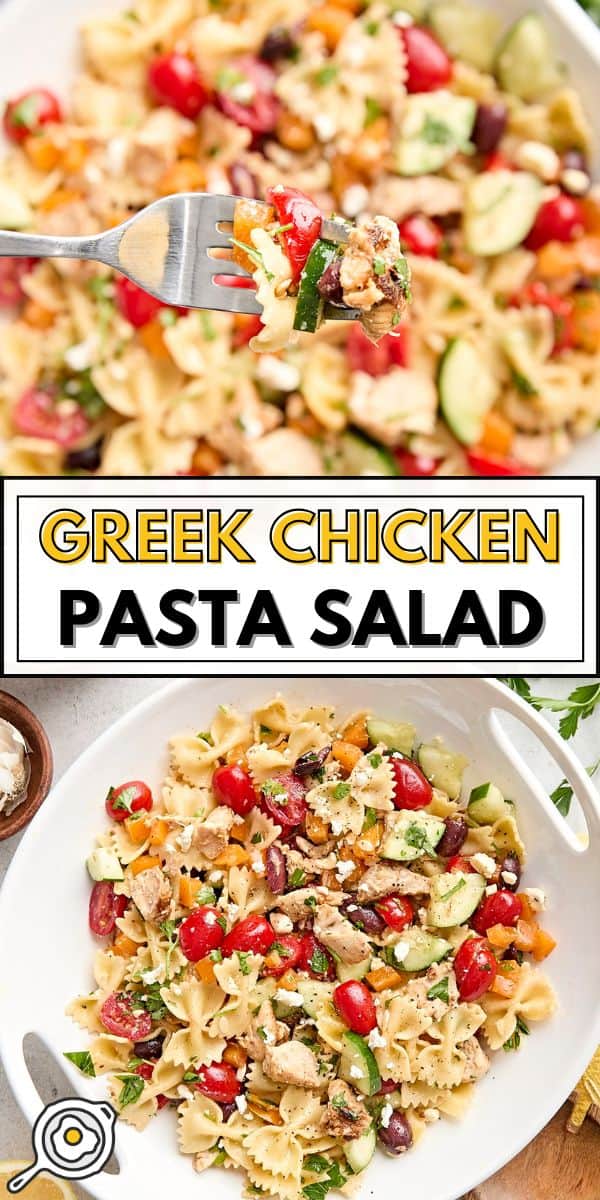 Greek chicken pasta salad pin image