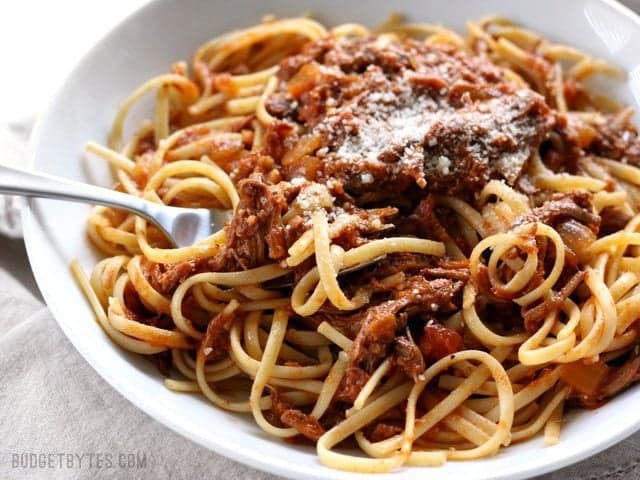 Close up of a plate of Sunday Slow Cooker Beef Ragù