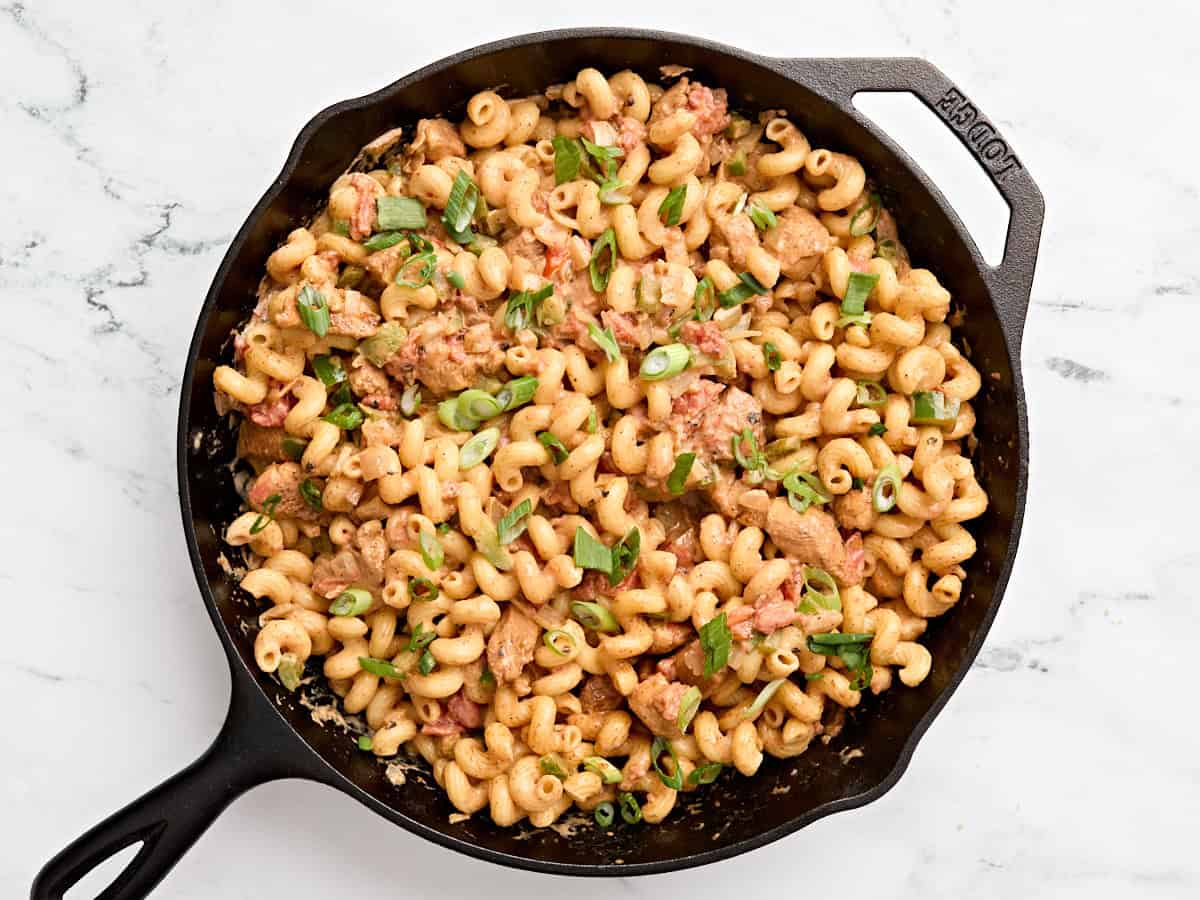 Creamy Chicken Fajita Pasta is a fast and delicious weeknight meal with spicy southwest flavors and a rich creamy sauce that the whole family will love. BudgetBytes.com Finished creamy chicken fajita pasta in a skillet.