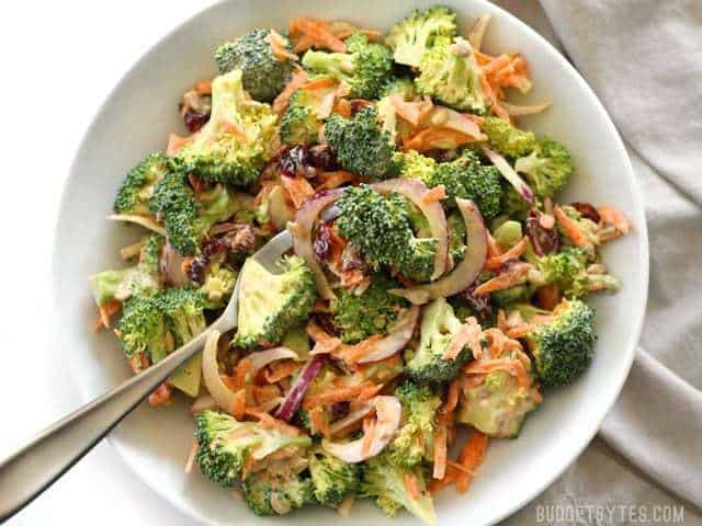 Sweet, tangy, and fresh, this Broccoli Salad with Honey Yogurt Dressing is light and refreshing and healthy side salad for summer. BudgetBytes.com Overhead view of a bowl full of Broccoli Salad with Honey Yogurt Dressing, a fork in the center