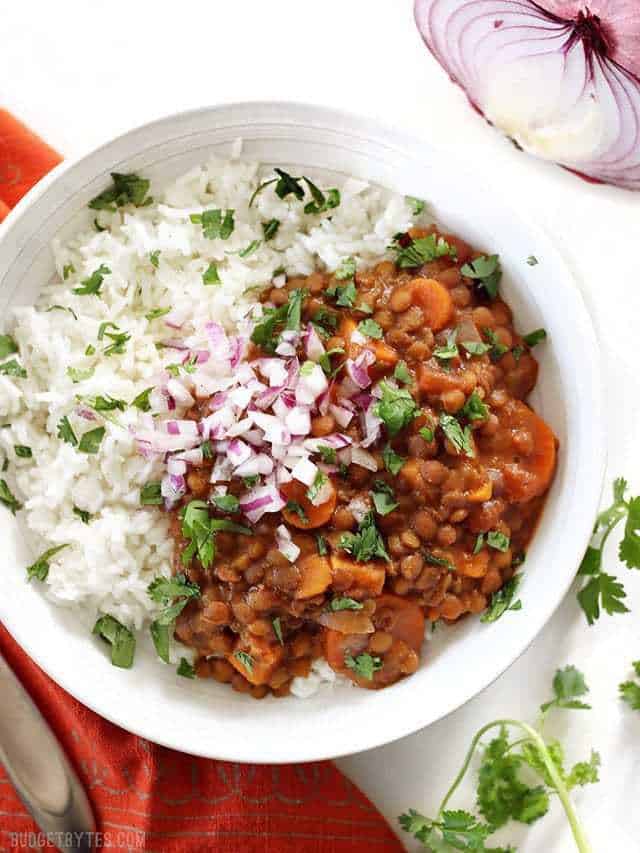Slow Cooker Coconut Curry Lentils are a hands-off, fiber filled, freezer friendly vegan dinner. Budgetbytes.com A bowl of Slow Cooker Coconut Curry Lentils garnished with red onion and cilantro