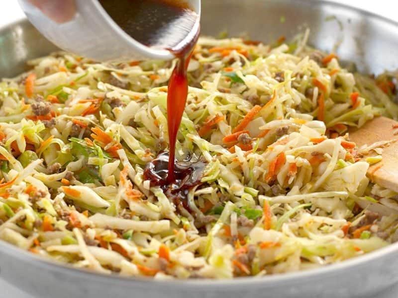 Pour on Stir Fry Sauce for the Beef and Cabbage Stir Fry