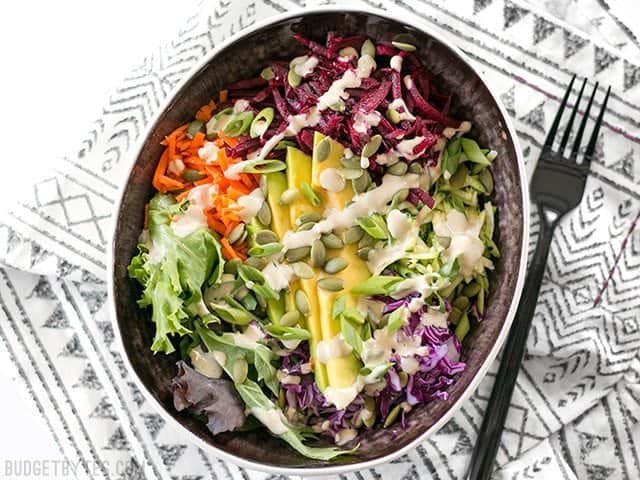 Top view of finished Purple Power Bowl with fork on the side