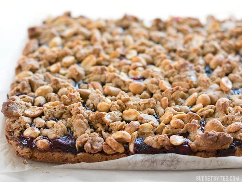 Peanut Butter and Jelly Bars are the perfect mix of salty and sweet in a dessert that will remind you of your childhood. BudgetBytes.com Close up of Baked Peanut Butter and Jelly Bars from the side