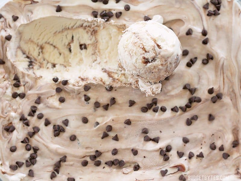 Silky smooth and creamy No-Churn Mint Chocolate Chip Ice Cream is easy to make at home with just a few ingredients and very little effort. BudgetBytes.com Overhead view of Scooped Ice Cream close up
