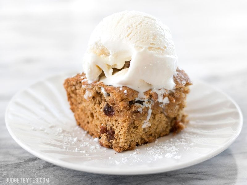 The 1917 Applesauce Cake from Anne Byrn's new book American Cake is light, sweet, and full of warm spices. BudgetBytes.com Close up of one square of Applesauce Cake with a scoop of vanilla ice cream on top.